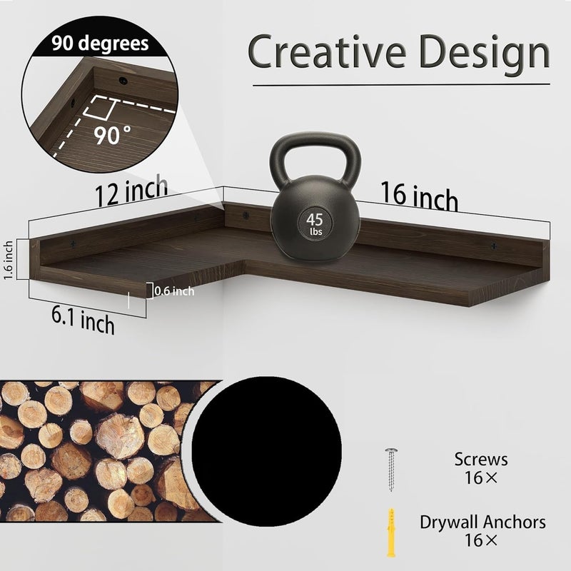 Runam Woods LShaped Floating Corner Shelves Set of 2 Solid Wood Shelf for Wall Decore Storage Corner Storage Shelf for Bedroom Living Room Bathroom Kitchen Dark Brown - Image 2