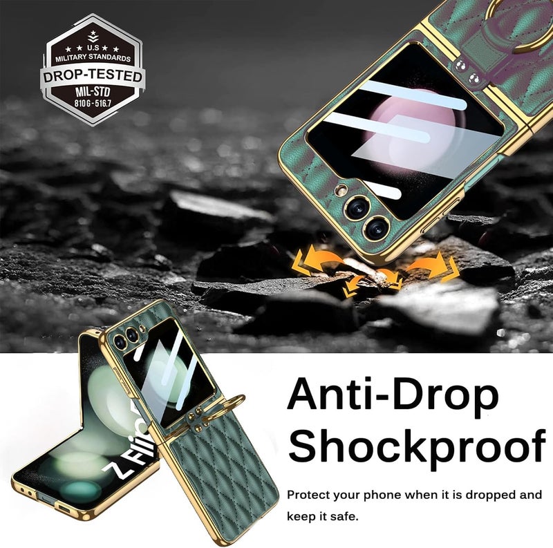 كاست ويف جراب هاتف من الجلد مع حامل حلقي معدني متوافق مع هاتف Galaxy Z Flip 5، جراب واقٍ أنيق على شكل معين للهاتف المحمول بإطار ذهبي لهاتف Samsung Galaxy Flip 5 باللون الأخضر الداكن - Image 3