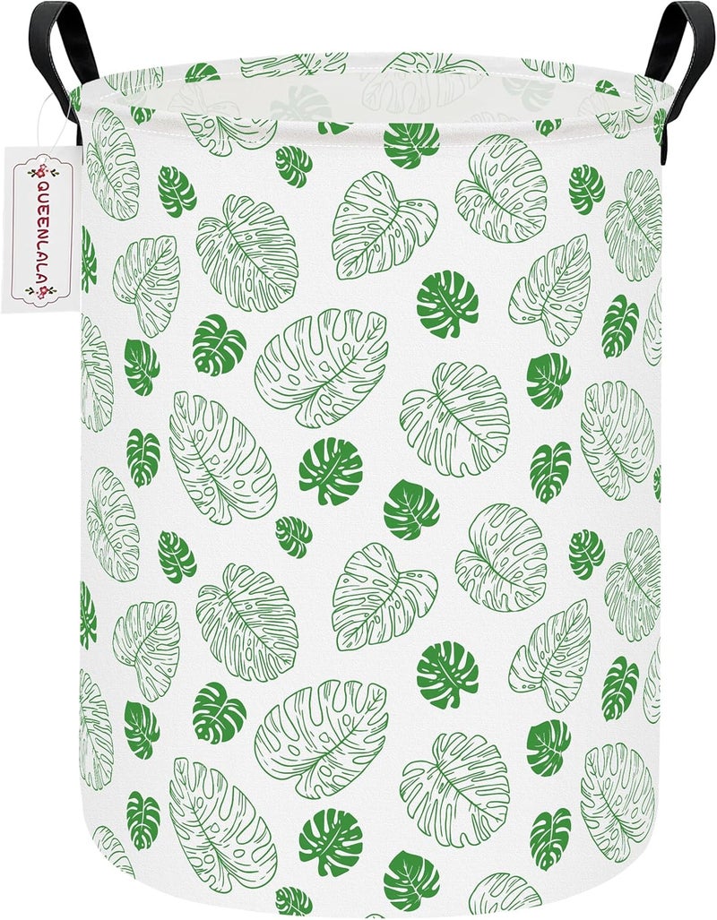 QUEENLALA Large Storage Basket,Laundry Hamper/Bathroom/Home Decor/Collapsible Round Storage Bin,Boys and Girls Hamper/Boxes/Clothing(Round-Green Leaf) - Image 1