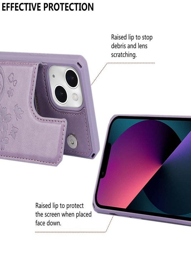 iCoverCase Compatible with iPhone 13 Wallet Phone Case with Card Holder for Women, RFID Blocking Embossed PU Leather Wrist Strap Case 6.1 Inch (Heart Purple) - Image 4