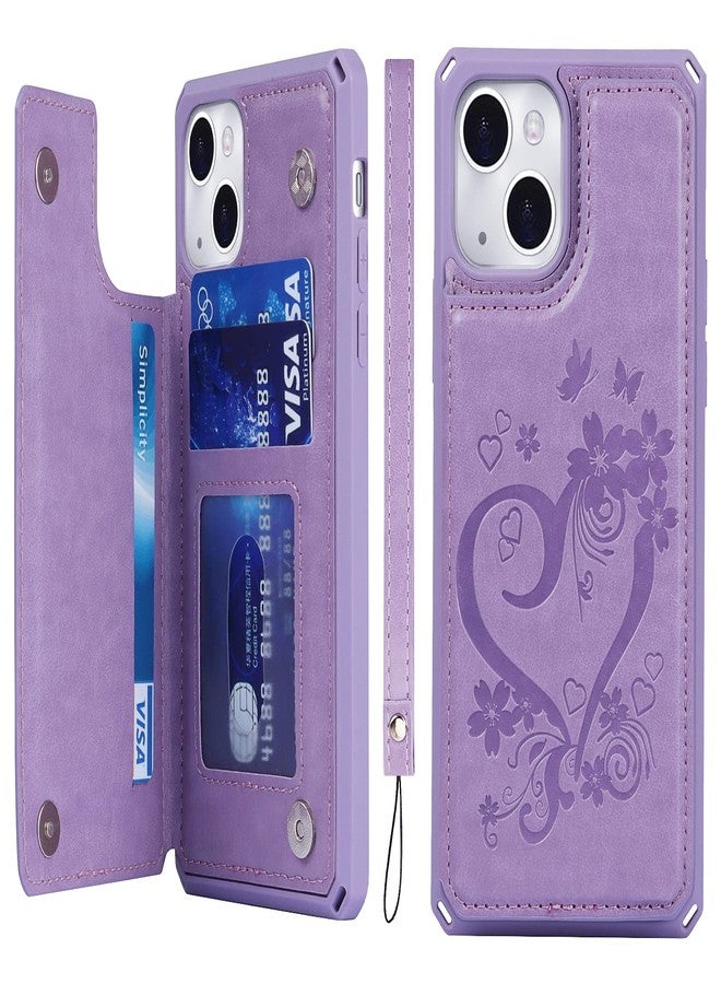 iCoverCase Compatible with iPhone 13 Wallet Phone Case with Card Holder for Women, RFID Blocking Embossed PU Leather Wrist Strap Case 6.1 Inch (Heart Purple) - Image 1