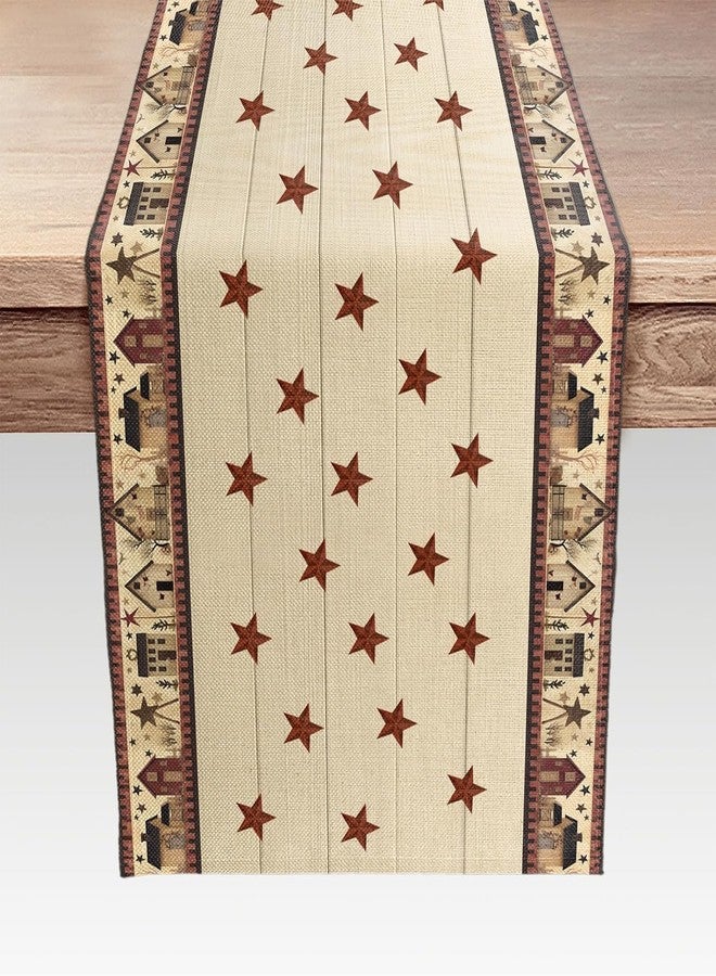 JAWO Country Table Runner, Primitive Rustic Barn Star Relax Bath Outhouse Farmhouse Linen Kitchen Dining Table Runners for Indoor Outdoor Home Party Holiday Decor 13X72Inch - Image 1