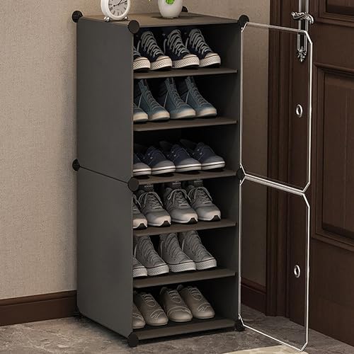 Zemic 𝟔 𝐒𝐡𝐞𝐥𝐟 Shoe Rack Plastic & 𝐏𝐥𝐚𝐬𝐭𝐢𝐜 𝐒𝐡𝐨𝐞 𝐑𝐚𝐜𝐤 𝐟𝐨𝐫 𝐇𝐨𝐦𝐞 Storage Plastic Organizer with Door for Entryway, Chappal Slipper Sandals Stand【Grey, 6-Shelf-2-Door】 - Image 1