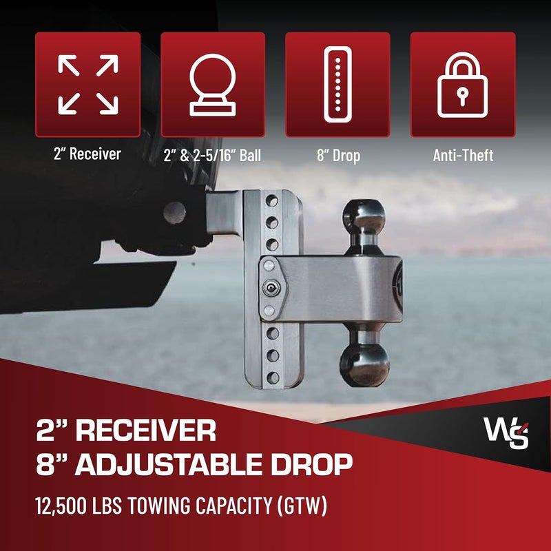 Weigh Safe 180 Hitch - Adjustable Trailer Hitch Ball Mount - 8" Drop Hitch for 2" Receiver - Heavy Duty Aluminum Tow Hitch with Chrome Plated Balls (2" & 2 5/16") - 12,500 GTW - Image 2