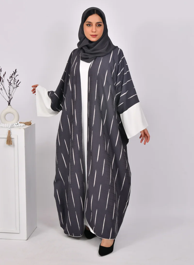 HAWRAA ABAYA Grey wide sleeve abaya with white stripes and white dress