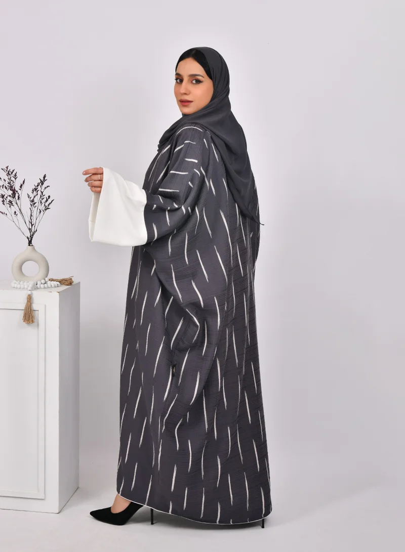 HAWRAA ABAYA Grey wide sleeve abaya with white stripes and white dress