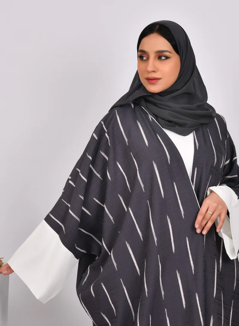 HAWRAA ABAYA Grey wide sleeve abaya with white stripes and white dress