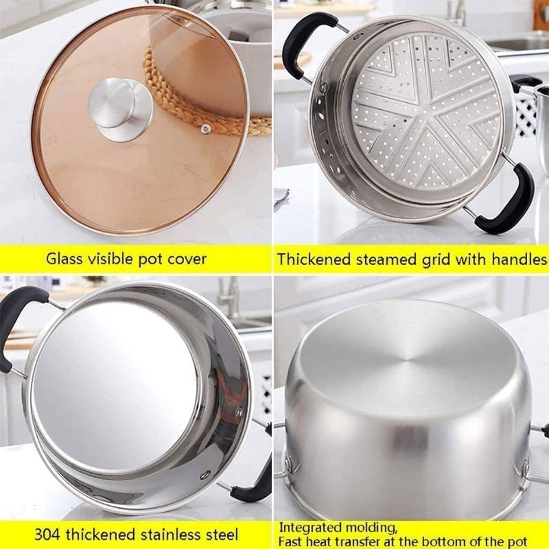JILMAJ Enterprise Stock Pot and Steamer with Glass Lid Tier Steamer Steaming Pot with Handle and Lid Soup Pot Cooking Pot SS Bolier with LID Cookware Food Steamer - Image 4