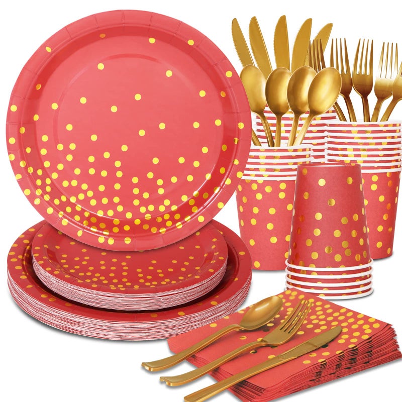 Gudvilla 168Pcs Red and Gold Party Decorations  Red Plates and Napkins Serve 24  Red Paper Plates  Red and Gold Plates for Birthday Valentines Plates  Mardi Gras Plates  Red Graduation Plates - Image 1