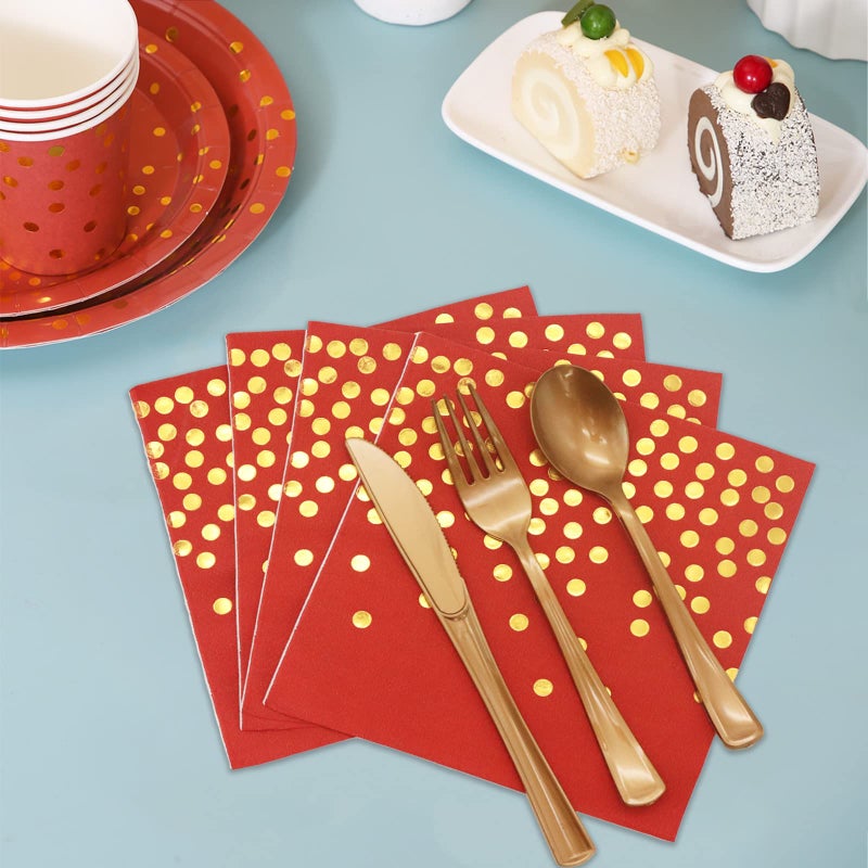 Gudvilla 168Pcs Red and Gold Party Decorations  Red Plates and Napkins Serve 24  Red Paper Plates  Red and Gold Plates for Birthday Valentines Plates  Mardi Gras Plates  Red Graduation Plates - Image 5