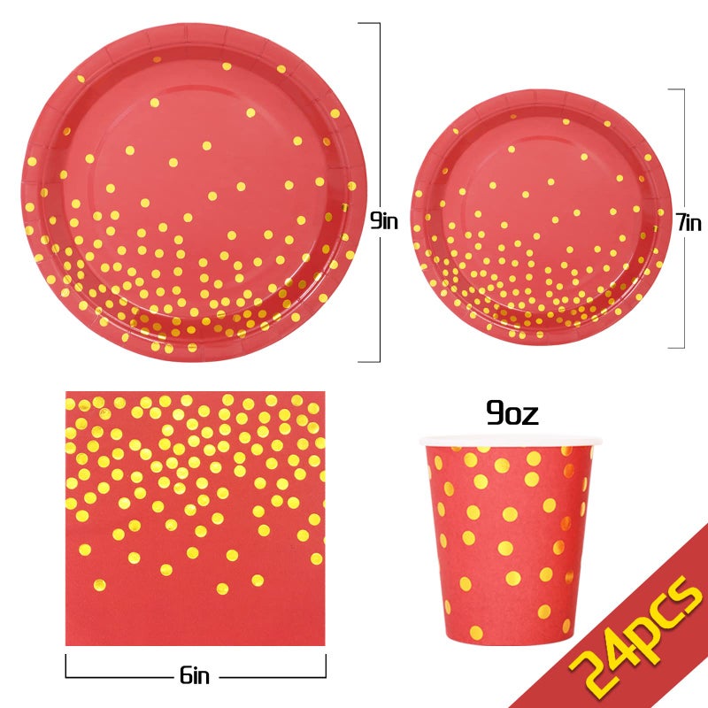 Gudvilla 168Pcs Red and Gold Party Decorations  Red Plates and Napkins Serve 24  Red Paper Plates  Red and Gold Plates for Birthday Valentines Plates  Mardi Gras Plates  Red Graduation Plates - Image 2