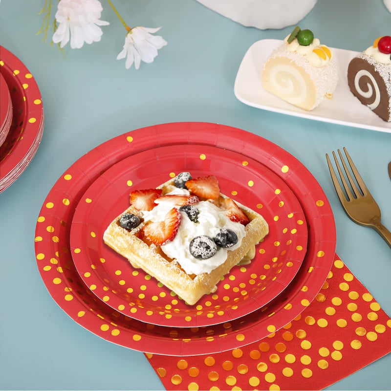 Gudvilla 168Pcs Red and Gold Party Decorations  Red Plates and Napkins Serve 24  Red Paper Plates  Red and Gold Plates for Birthday Valentines Plates  Mardi Gras Plates  Red Graduation Plates - Image 3