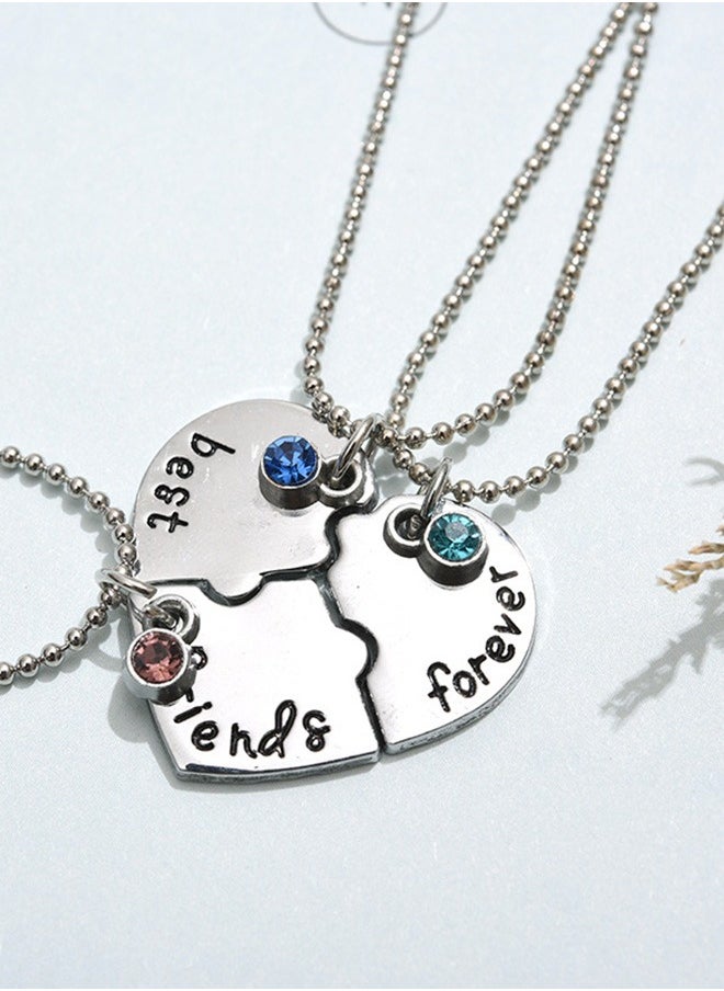 Generic 3 Pcs Half Heart Silver Tone Alloy Rhinestone Best Friends Forever Necklace, Engraved Puzzle Friendship Pendant Necklaces Set, Split Heart Necklace Sister Necklace Set  - Image 4