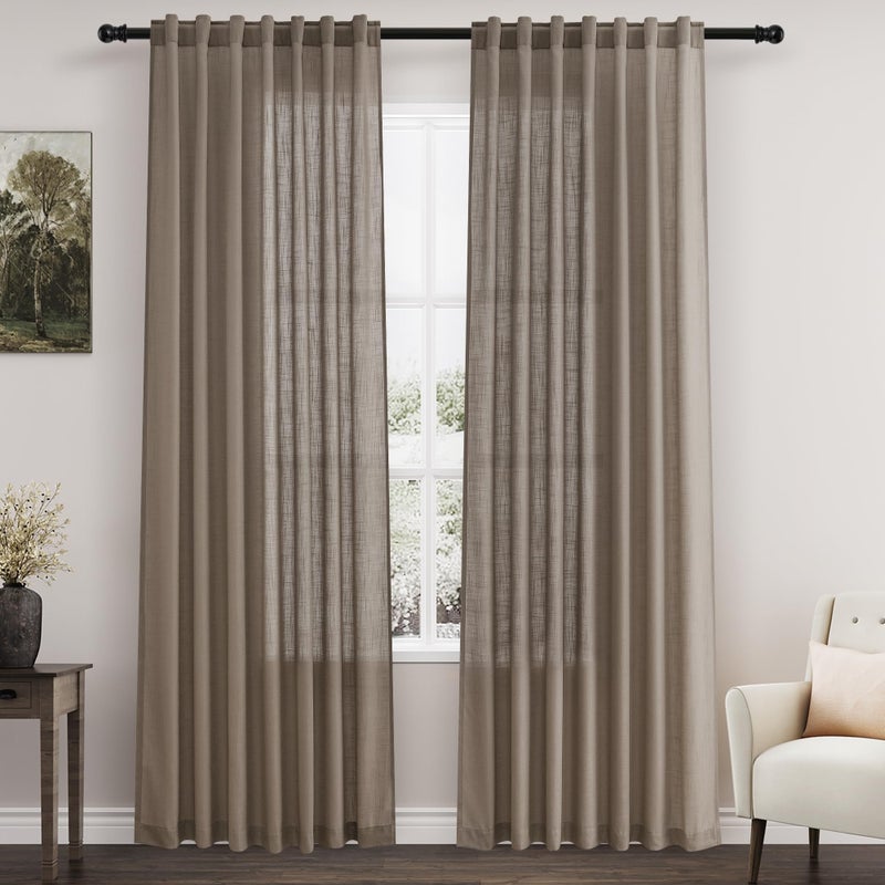 Nanspring Dark Taupe Semi Sheer Curtains 84 Inches Long 2 Panel Set Pocket Back Tab Linen Light Filtering Room Decor Curtain Drapes for Living Room 52x84 - Image 1