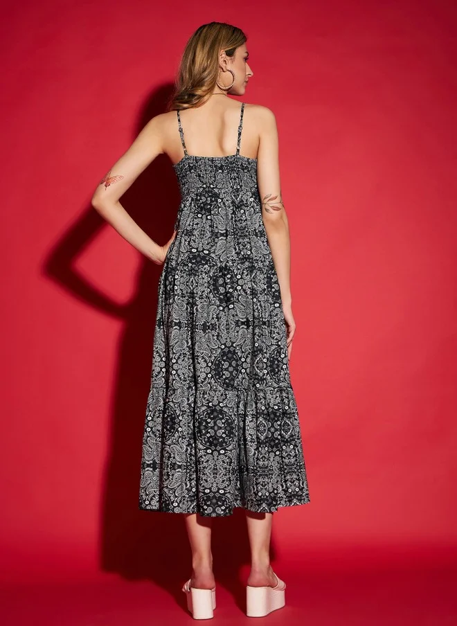 SASSAFRAS Black Ethnic Motifs Print Fit & Flare Midi Dress for Women