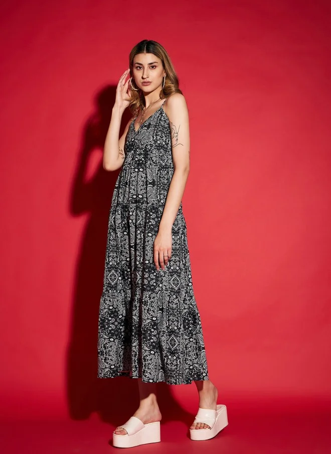 SASSAFRAS Black Ethnic Motifs Print Fit & Flare Midi Dress for Women