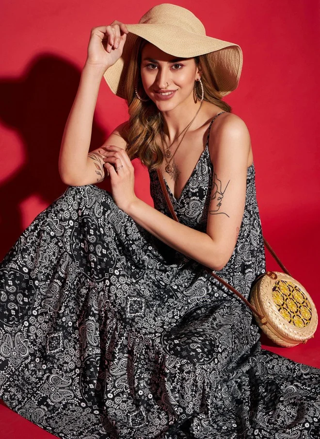 ساسافراس Black Ethnic Motifs Print Fit & Flare Midi Dress for Women