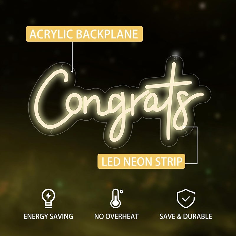 سلاسة لافتة نيون للتهنئة - 40 × 20.36 سم، مصابيح نيون LED بيضاء بقاعدة أكريليك، زينة جدارية لحفلات التخرج، وحفلات الزفاف، والمناسبات الاحتفالية، وخلفية لافتة، وديكور كشك تصوير - Image 2
