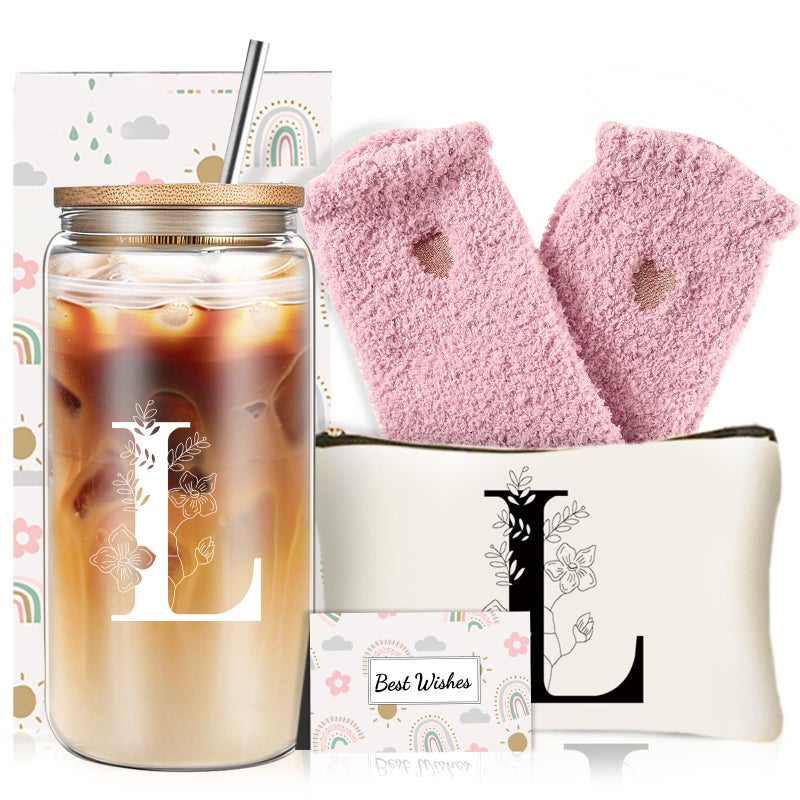 DHQH Unique Initial Glass Cup with Lids and Straws, Monogrammed Gifts Box Included Makeup Bag, Valentines Day Mothers Dayâ€…Birthday Gifts for Women Mom Sister Grandma, L - Image 1