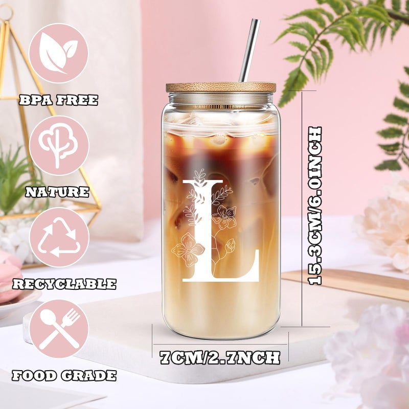 DHQH Unique Initial Glass Cup with Lids and Straws, Monogrammed Gifts Box Included Makeup Bag, Valentines Day Mothers Dayâ€…Birthday Gifts for Women Mom Sister Grandma, L - Image 2