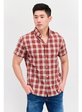 Men Regular Fit Short Sleeves Plaid Casual Shirt, Maroon