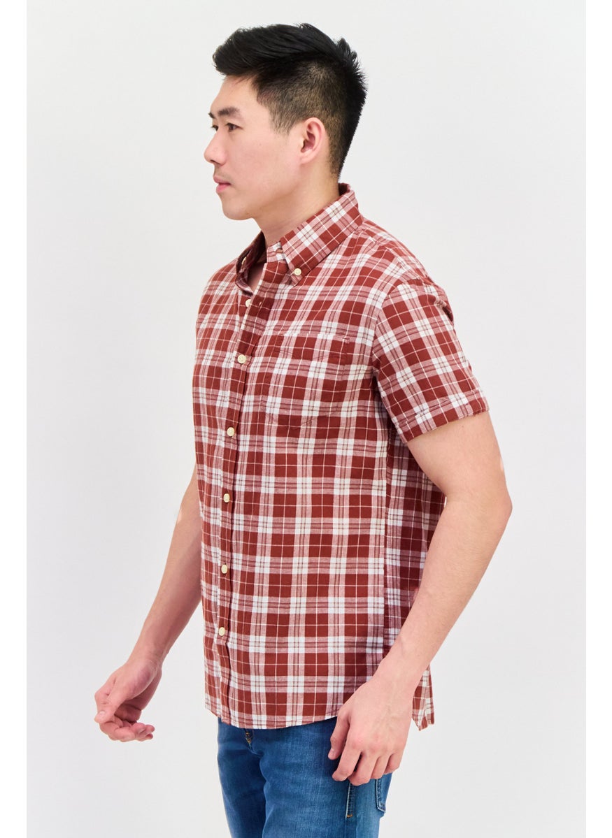 Jachs New York - Men Regular Fit Short Sleeves Plaid Casual Shirt, Maroon - Image 1