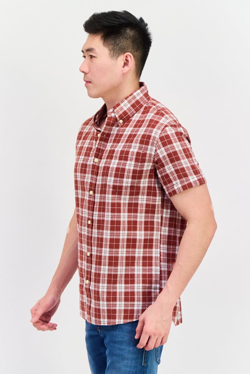 Jachs New York Men Regular Fit Short Sleeves Plaid Casual Shirt, Maroon - Image 2