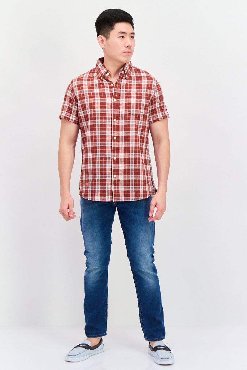 Jachs New York Men Regular Fit Short Sleeves Plaid Casual Shirt, Maroon - Image 3