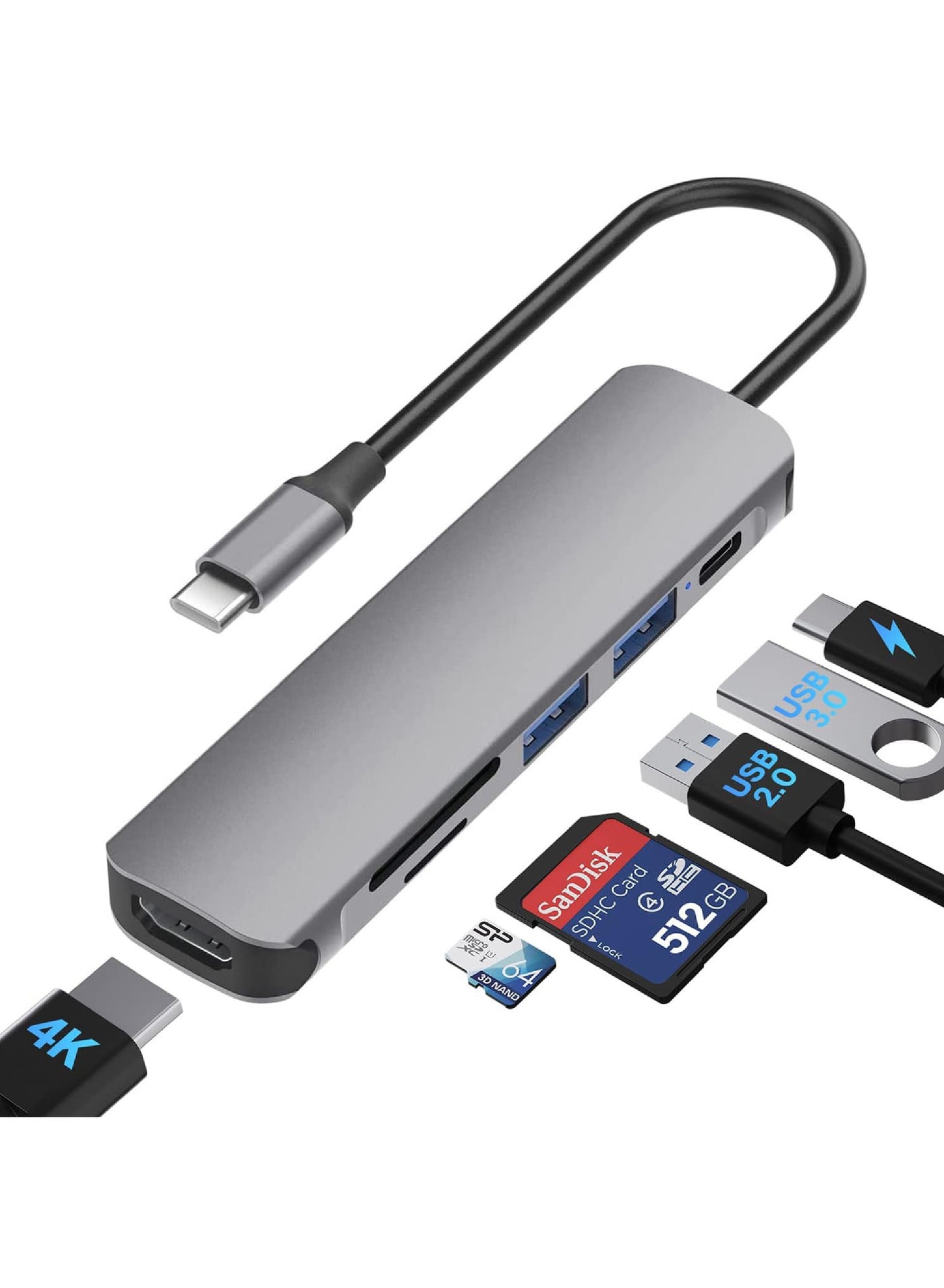 USB C Hub HDMI dapter for MacBook Pro/Air Swith and Other Type C Devices USBC Digital AV Multiport (6 in 1 Dongle with Ports of Typec USB 3.0/4K HDMI/SD/TF Card Reader) Type-c Multi Docking