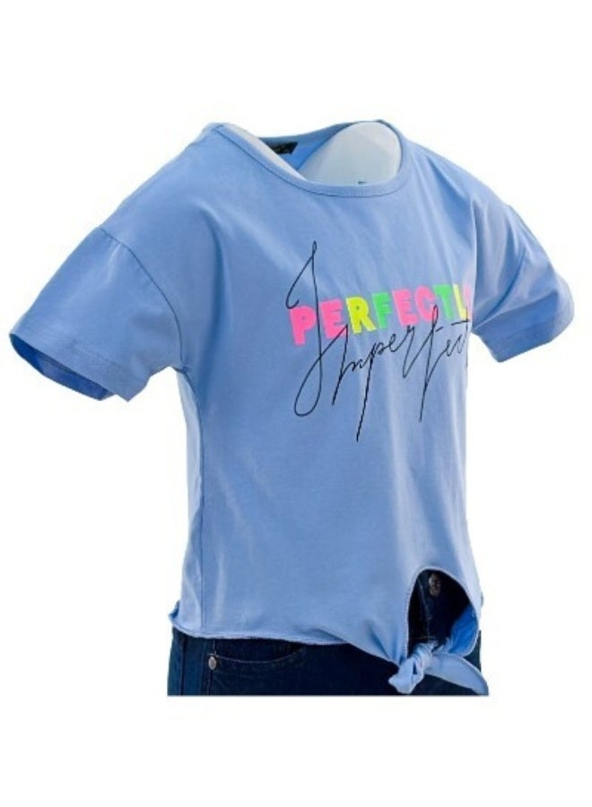 JOANNA JOANNA 23KY364B Girl's Front Tie With Perfectly Imperfect Print Round Neck Short Sleeve T-Shirt - Blue  - Image 2