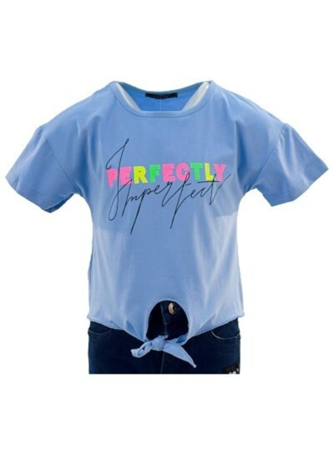 JOANNA JOANNA 23KY364B Girl's Front Tie With Perfectly Imperfect Print Round Neck Short Sleeve T-Shirt - Blue  - Image 1
