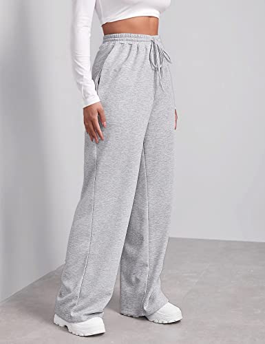 FACDIBY Wide Leg Sweatpants for Women Elastic High Waisted Drawstring Loose Pants with Pockets, Light Grey, L - Image 4