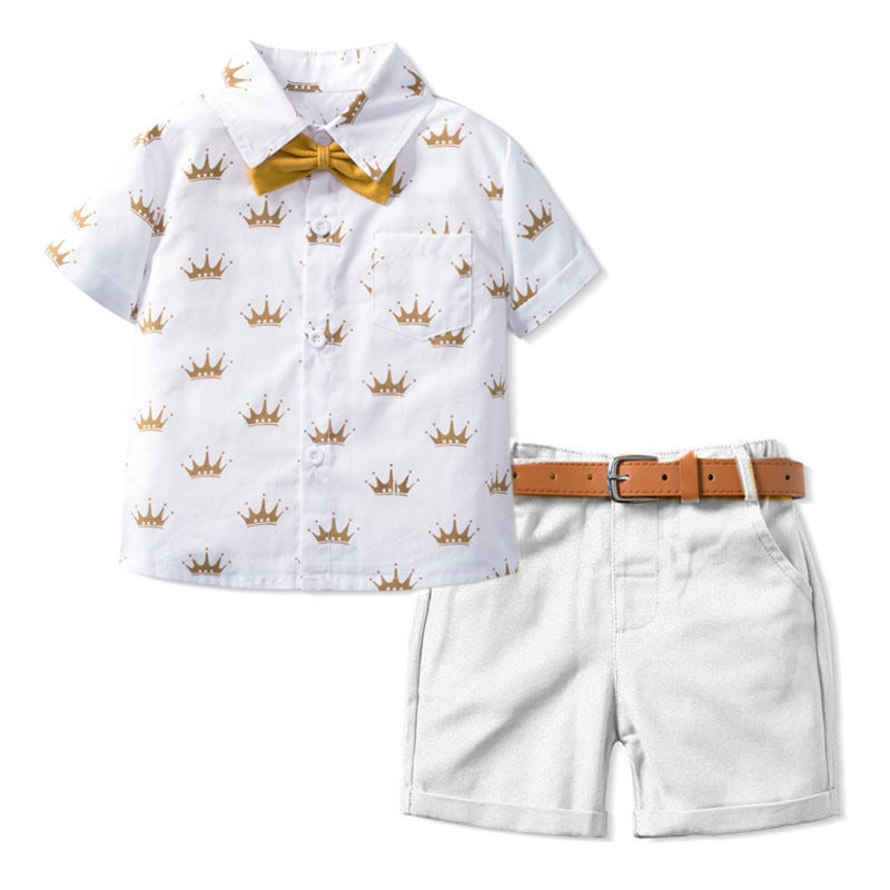 Summer New Gentleman Baby Suit Short Sleeve Shorts Set White pants + Brown Belt 