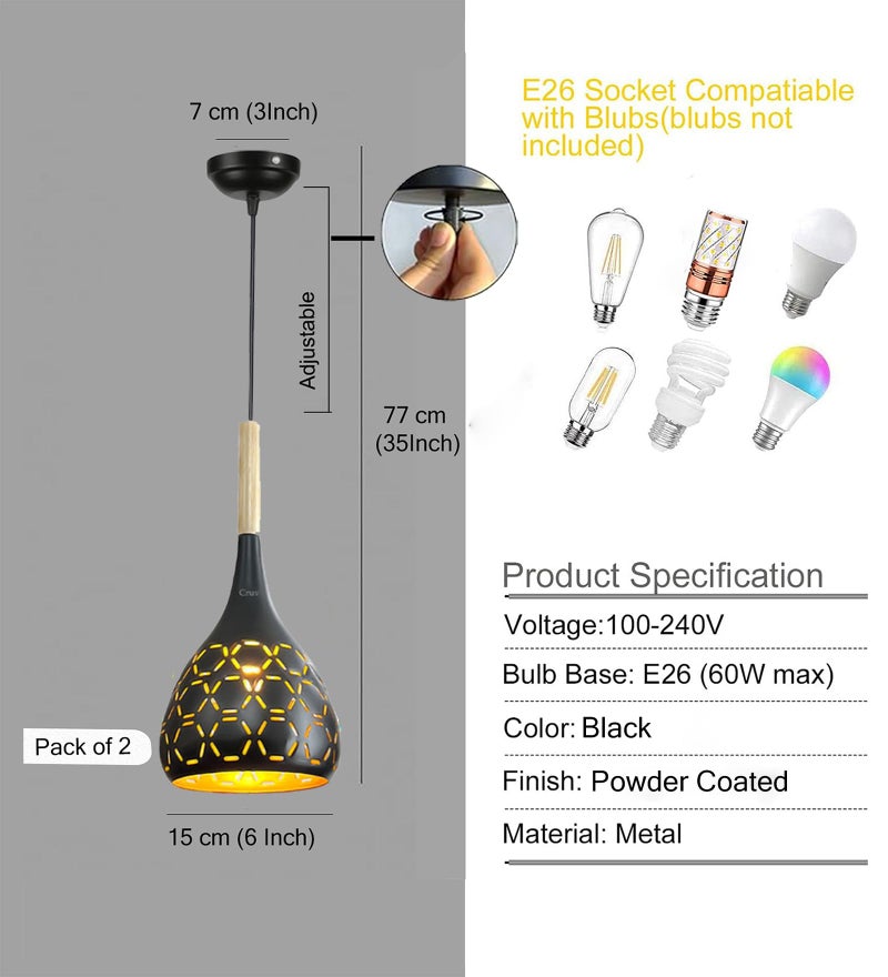 Cruv Aluminum Hanging Lights, Pendant Lamps, Bedroom Hanging Lamps and Living Room Lights (Black Pack of 2). - Image 2