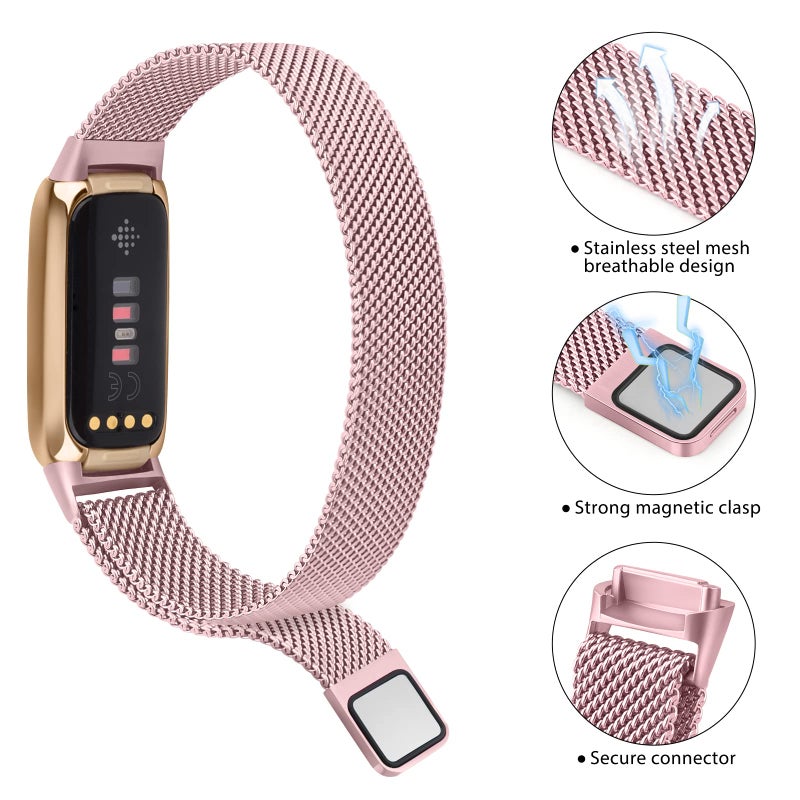 Vanjua Metal Band Compatible with Fitbit Luxe Bands, Stainless Steel Mesh Loop Adjustable Wristband Replacement Strap for Fitbit Luxe/Luxe Special Edition Fitness Tracker Women Men (Rose Pink) - Image 2
