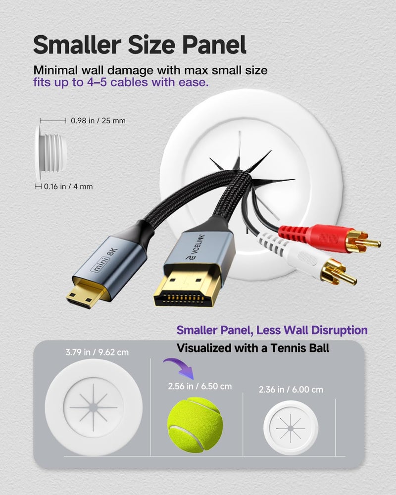 VCELINK TV Cord Hider for Wall Mounted TV, 2.36" (60 mm) Mini White Cable Management Kit Hides TV Wires- Push Type, 4 Pack Wall Cord Pass Throughs and 1 Hole Saw Drill- Ideal for Mounted TVs, Desks - Image 3