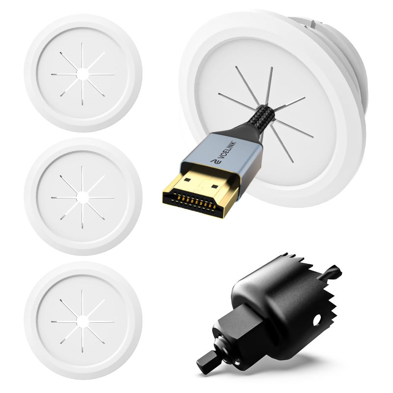 VCELINK TV Cord Hider for Wall Mounted TV, 2.36" (60 mm) Mini White Cable Management Kit Hides TV Wires- Push Type, 4 Pack Wall Cord Pass Throughs and 1 Hole Saw Drill- Ideal for Mounted TVs, Desks - Image 1