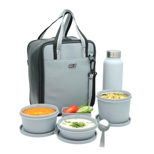 KOI PRO Tiffen Box for Office Set | Insulated Bag & Plastic Pickle Box 180ml | 3 Tiffin Box for Men 290x450x600ml & Water Bottle 750ml | Microwave Safe & Leakproof | Grey - Image 1