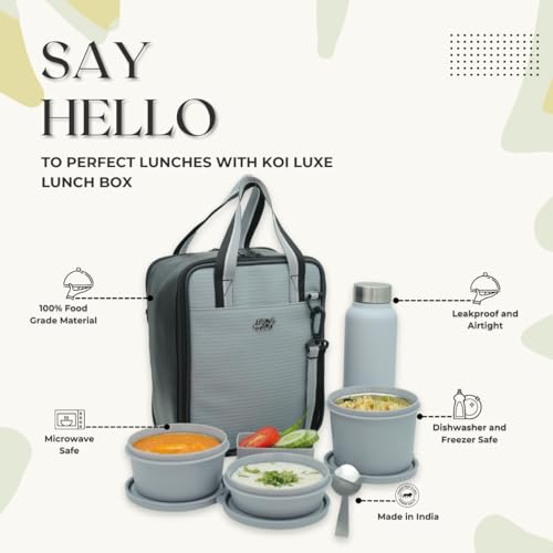 KOI PRO Tiffen Box for Office Set | Insulated Bag & Plastic Pickle Box 180ml | 3 Tiffin Box for Men 290x450x600ml & Water Bottle 750ml | Microwave Safe & Leakproof | Grey - Image 2