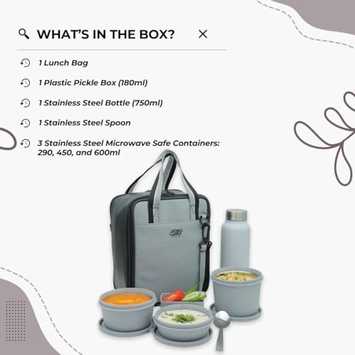 KOI PRO Tiffen Box for Office Set | Insulated Bag & Plastic Pickle Box 180ml | 3 Tiffin Box for Men 290x450x600ml & Water Bottle 750ml | Microwave Safe & Leakproof | Grey - Image 4