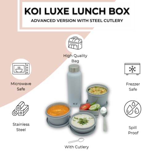 KOI PRO Tiffen Box for Office Set | Insulated Bag & Plastic Pickle Box 180ml | 3 Tiffin Box for Men 290x450x600ml & Water Bottle 750ml | Microwave Safe & Leakproof | Grey - Image 3