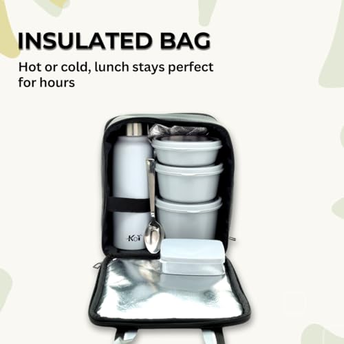 KOI PRO Tiffen Box for Office Set | Insulated Bag & Plastic Pickle Box 180ml | 3 Tiffin Box for Men 290x450x600ml & Water Bottle 750ml | Microwave Safe & Leakproof | Grey - Image 5