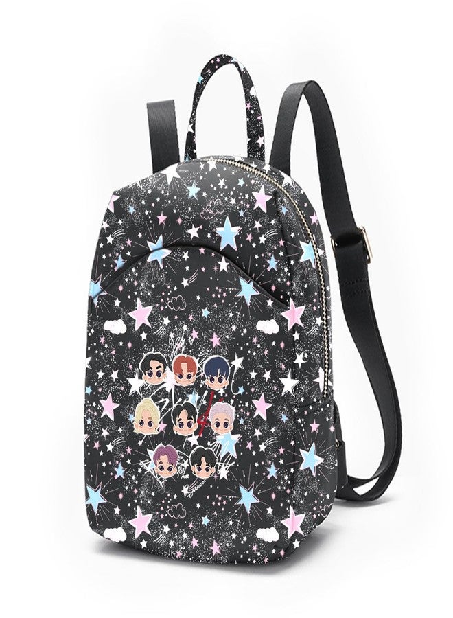 Alikpop Glittery Stars and Clouds Printed Backpack with Adjustable Straps, Black, Pink and Blue - Image 1