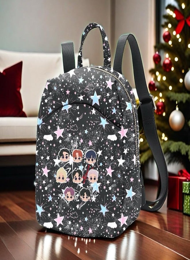Alikpop Glittery Stars and Clouds Printed Backpack with Adjustable Straps, Black, Pink and Blue - Image 5