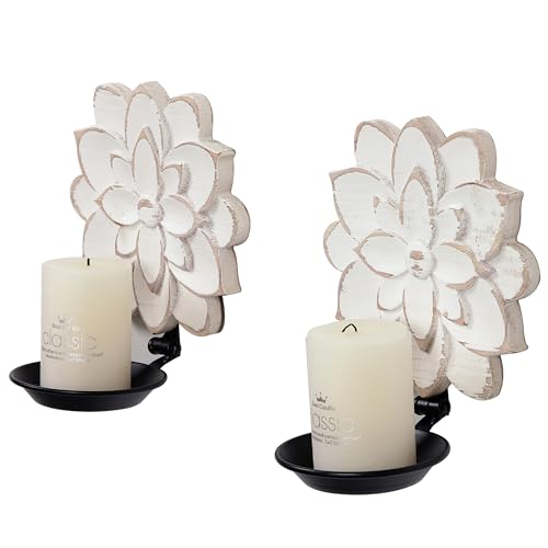 Sofe Farmhouse Candle Sconces Set of Two, Handcarved Wall Candle Holders Decorative, Flower Pattern, Distressed Finish Rustic Candle Holder Wall Decor for Living Room, Hallway - Image 5