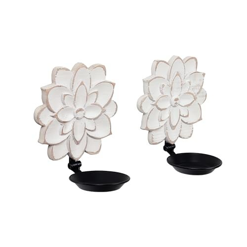 Sofe Farmhouse Candle Sconces Set of Two, Handcarved Wall Candle Holders Decorative, Flower Pattern, Distressed Finish Rustic Candle Holder Wall Decor for Living Room, Hallway - Image 2