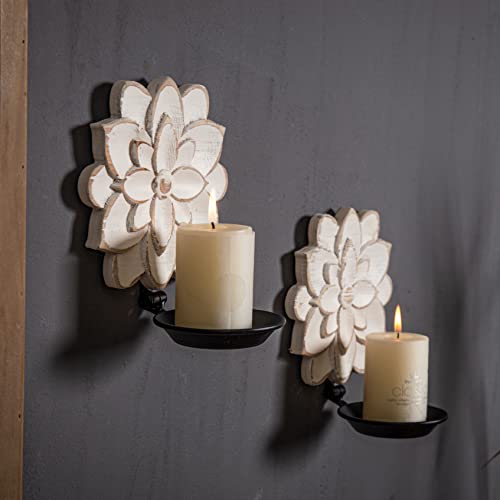 Sofe Farmhouse Candle Sconces Set of Two, Handcarved Wall Candle Holders Decorative, Flower Pattern, Distressed Finish Rustic Candle Holder Wall Decor for Living Room, Hallway - Image 1