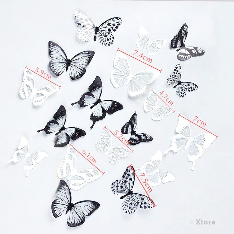 XTORE 18 قطعة ديكور منزلي ثلاثي الأبعاد فراشة سوداء وبيضاء لامعة | عنصر ديكور جميل | يأتي مع لاصق - (مجموعة من 18، أسود وأبيض) - Image 4