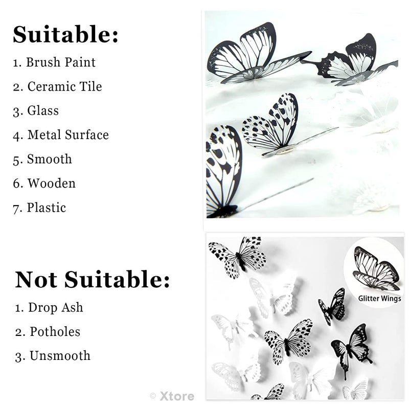 XTORE 18 قطعة ديكور منزلي ثلاثي الأبعاد فراشة سوداء وبيضاء لامعة | عنصر ديكور جميل | يأتي مع لاصق - (مجموعة من 18، أسود وأبيض) - Image 3