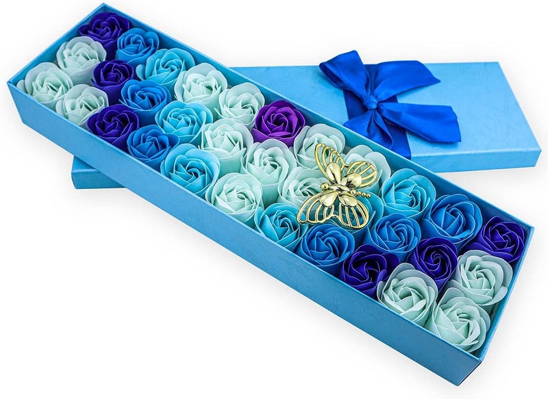 JIALEEY 33 PCS Floral Scented Bath Soap Rose Flower Petals Plant Essential Oil Rose Soap Set Gifts Ideas for Her Women Girls Mom Valentines Day Blue Gift Box
